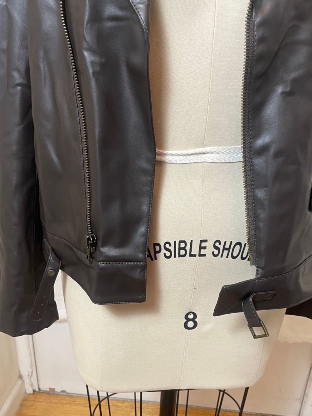 Brown Leather Moto Jacket with Asymmetrical Zip - Picture 9 of 13